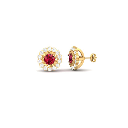 1.0Ct Red Garnet Halo Diamond Cluster Miracle Plate Stud Earrings 18kt Gold Over Sterling Silver